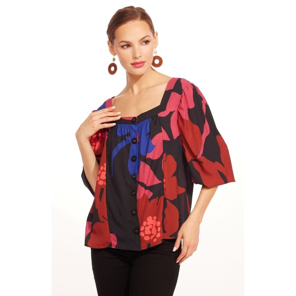 Eva Franco Anthropologie Floral Button Front Square Neck Top NWT